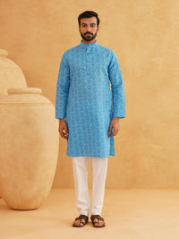 SOJANYA Men Blue & White Ethnic Motifs Cotton Linen Printed Kurta