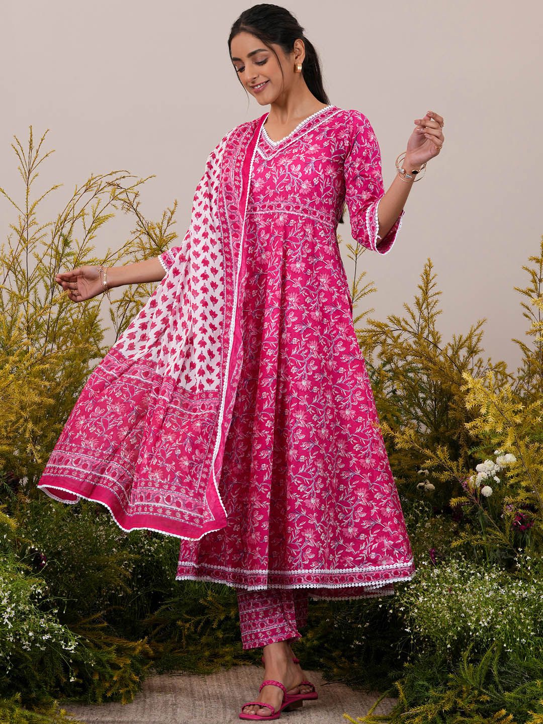 Libas Floral Printed Pleated Pure Cotton Kurta with Trousers & Dupatta