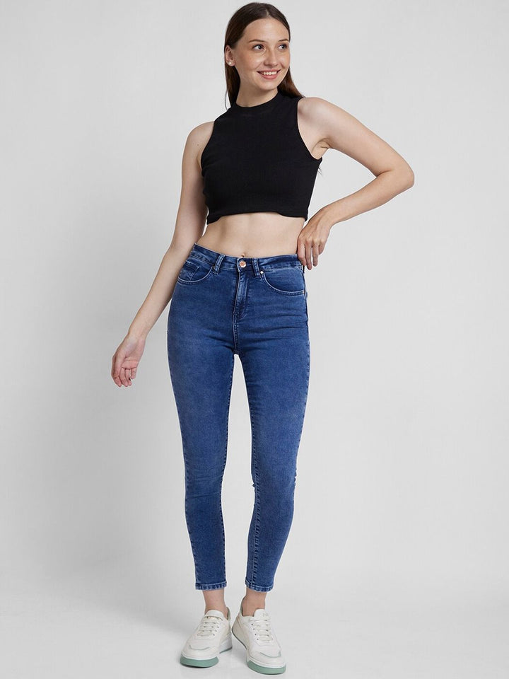 SPYKAR Women Super Skinny Fit Clean Look Mid-Rise Heavy Fade Crinkle Stretchable Jeans