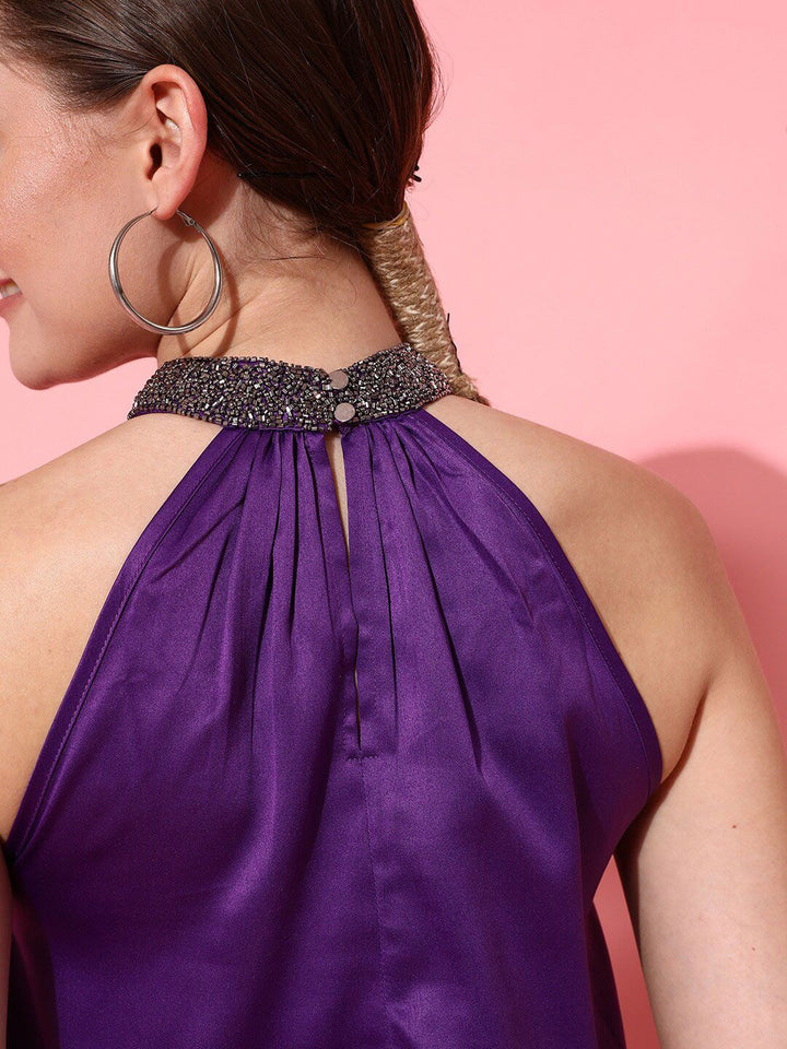 STREET 9 Purple Embellished Jewel Neck Styled Back Top