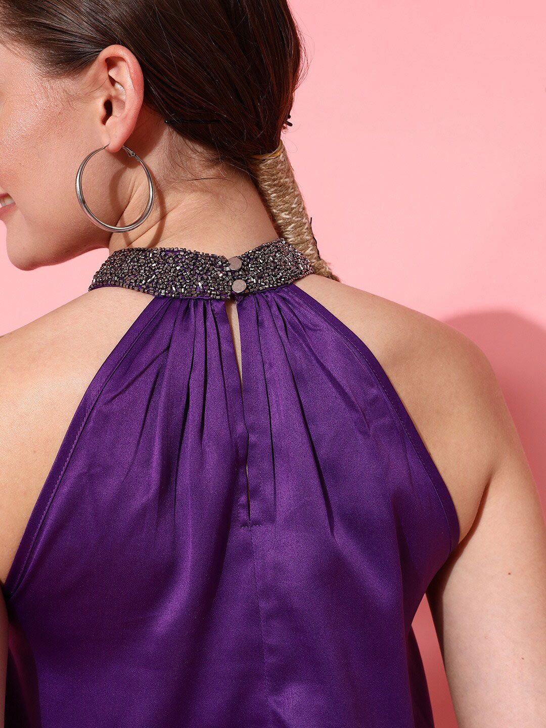 STREET 9 Purple Embellished Jewel Neck Styled Back Top