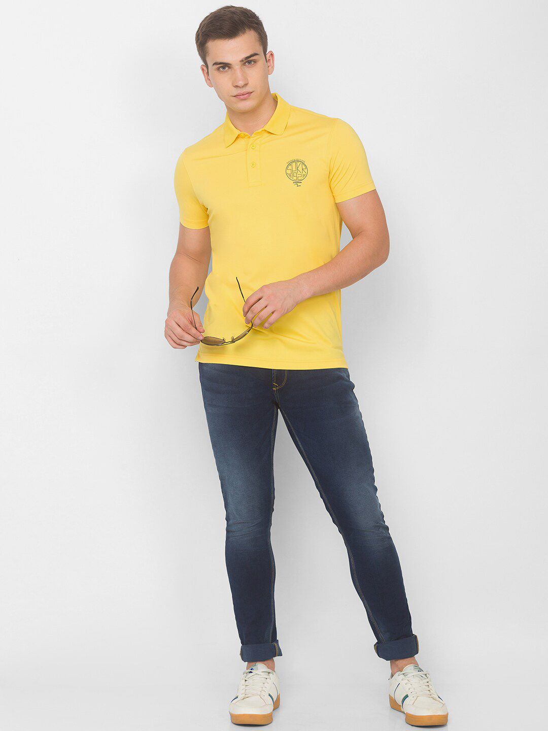 SPYKAR Men Yellow & Black Typography Printed Polo Collar Slim Fit T-shirt