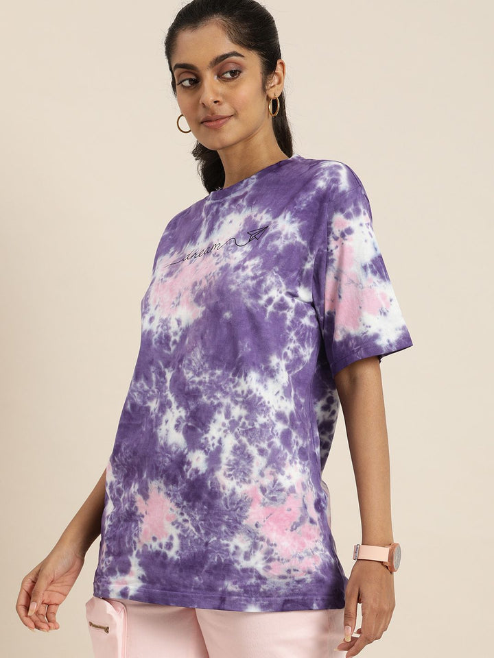 DILLINGER Women Purple  White Tie and Dye Drop-Shoulder Sleeves Oversized Pure Cotton T-shirt