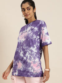 DILLINGER Women Purple  White Tie and Dye Drop-Shoulder Sleeves Oversized Pure Cotton T-shirt