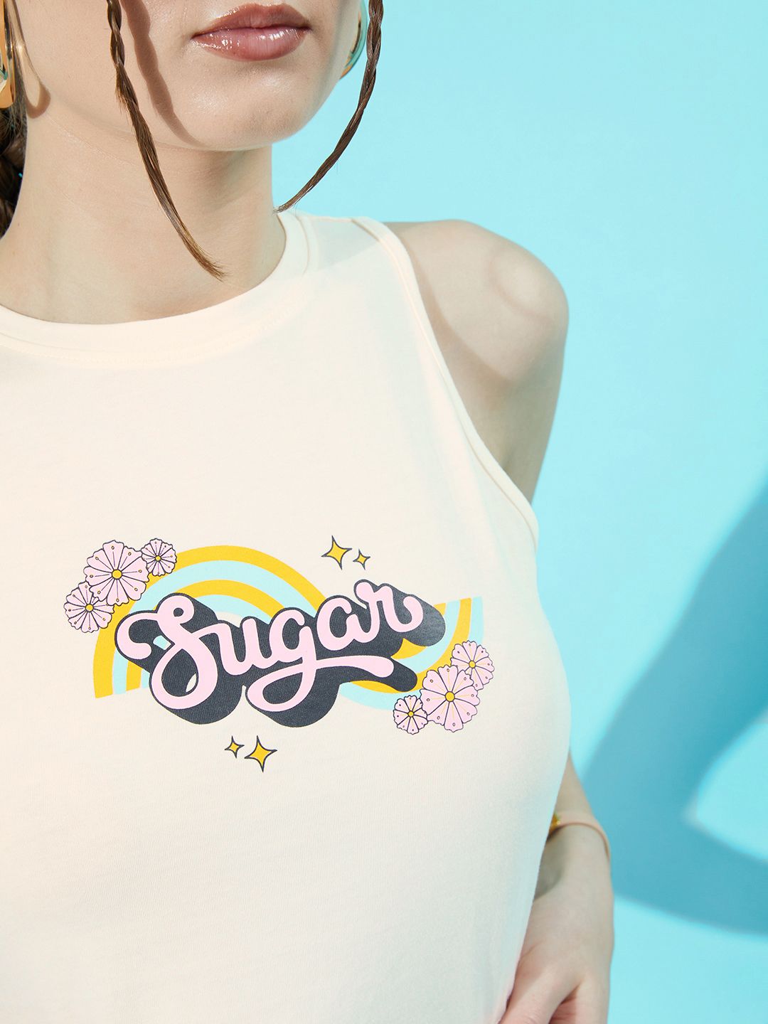 DressBerry Misty White Print Cotton Hollaback Neck It Is Crop Tank Top