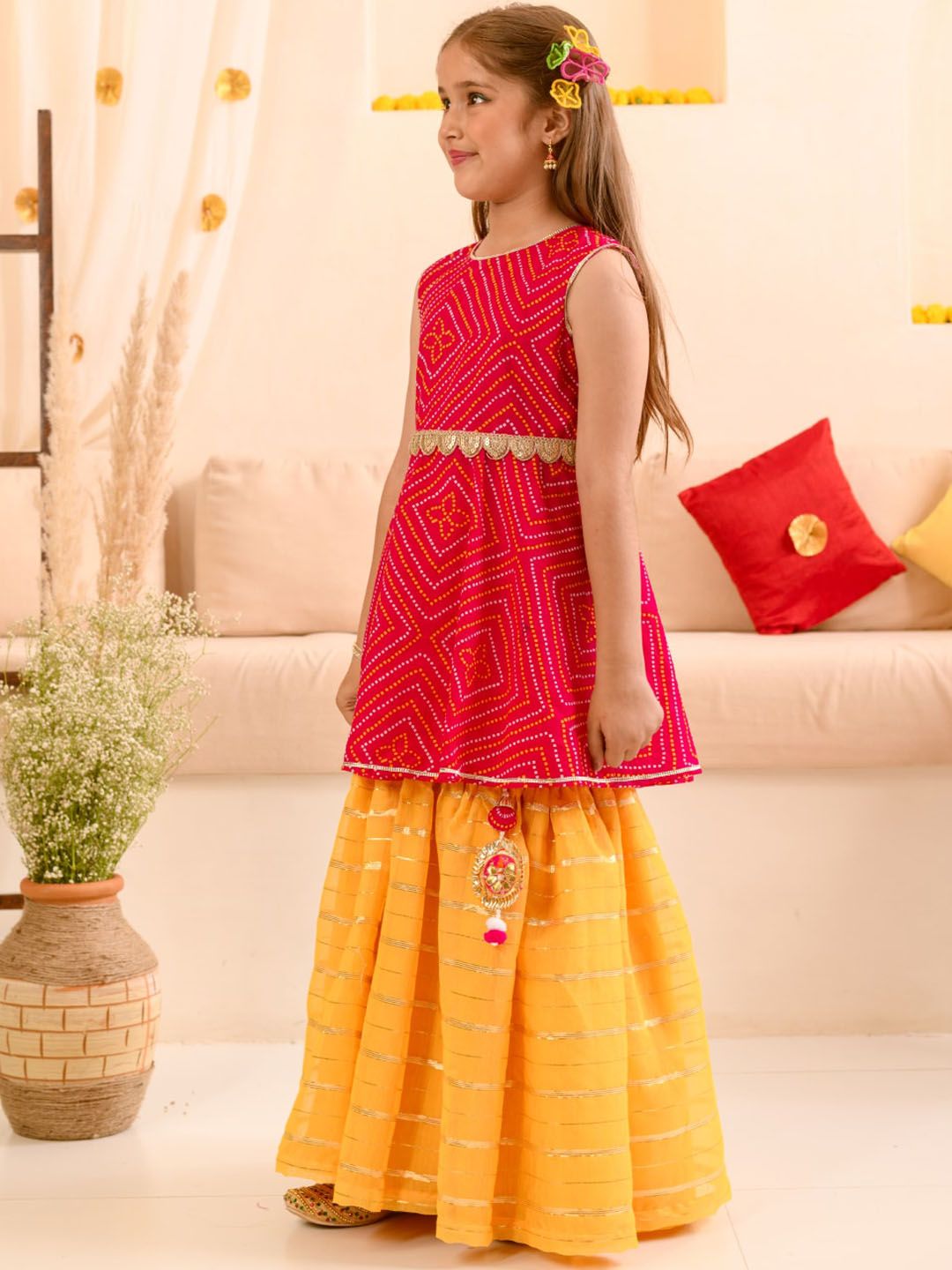 pspeaches Girls Bandhani Printed Kurta & Striped Skirt with Ethnic Belt