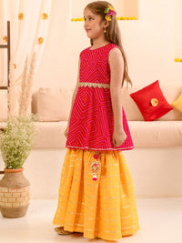 pspeaches Girls Bandhani Printed Kurta & Striped Skirt with Ethnic Belt