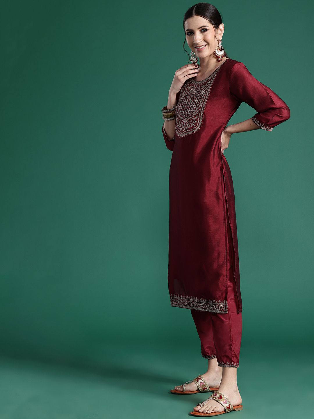 Indo Era Ethnic Motifs Yoke Design Sequinned Kurta with Trousers & Dupatta