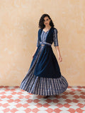W Women Blue Solid Gathered Cape with Ikkat Printed Crop Top and Skirt Co-ord Set
