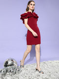 Athena Maroon Off-Shoulder Solid Scrunchie Sheath Dress