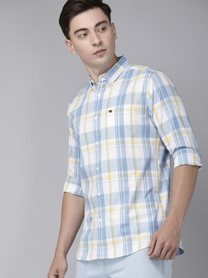 THE BEAR HOUSE Men White & Blue Classic Slim Fit Checked Pure Cotton Casual Shirt