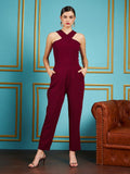 SASSAFRAS Maroon Halter Neck Basic Jumpsuit