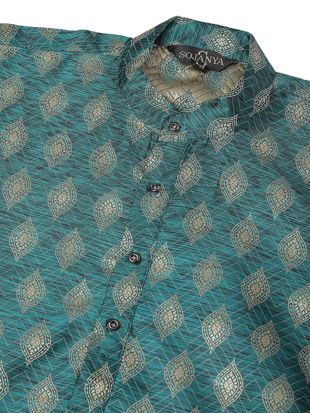 SOJANYA Men Teal & Gold-Toned Jacquard Kurta