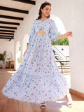 STREET 9 Floral Printed Puffed Sleeves Cut-Out Maxi Dress