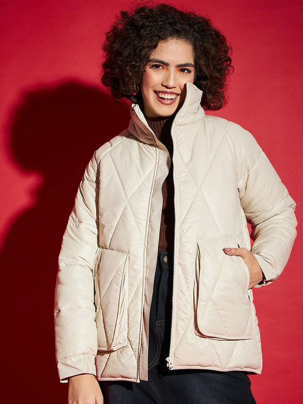 SASSAFRAS Beige Mock Collar Long Sleeves Quilted Jacket