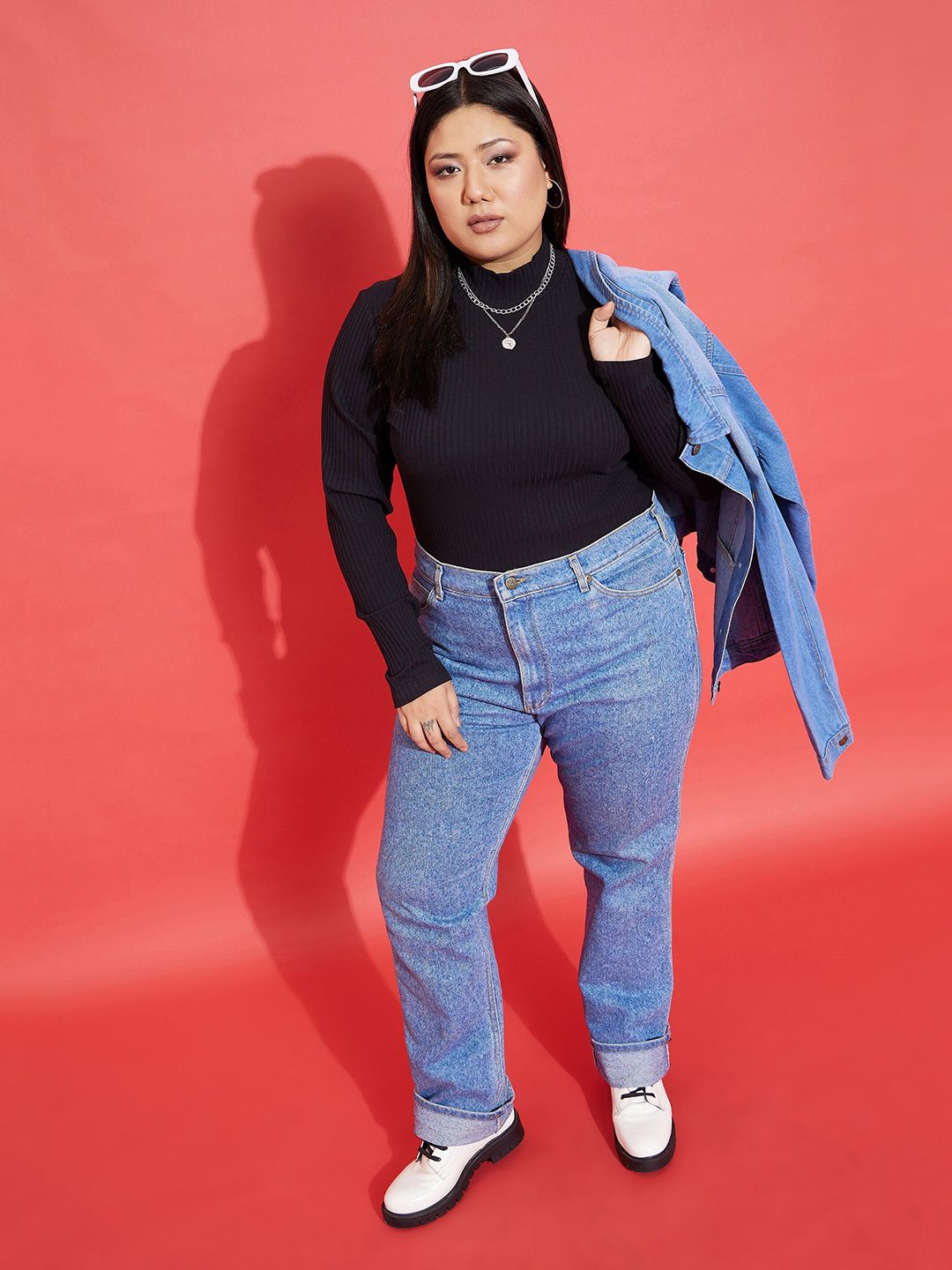 SASSAFRAS Curve Plus Size Rib High Neck Fitted Top