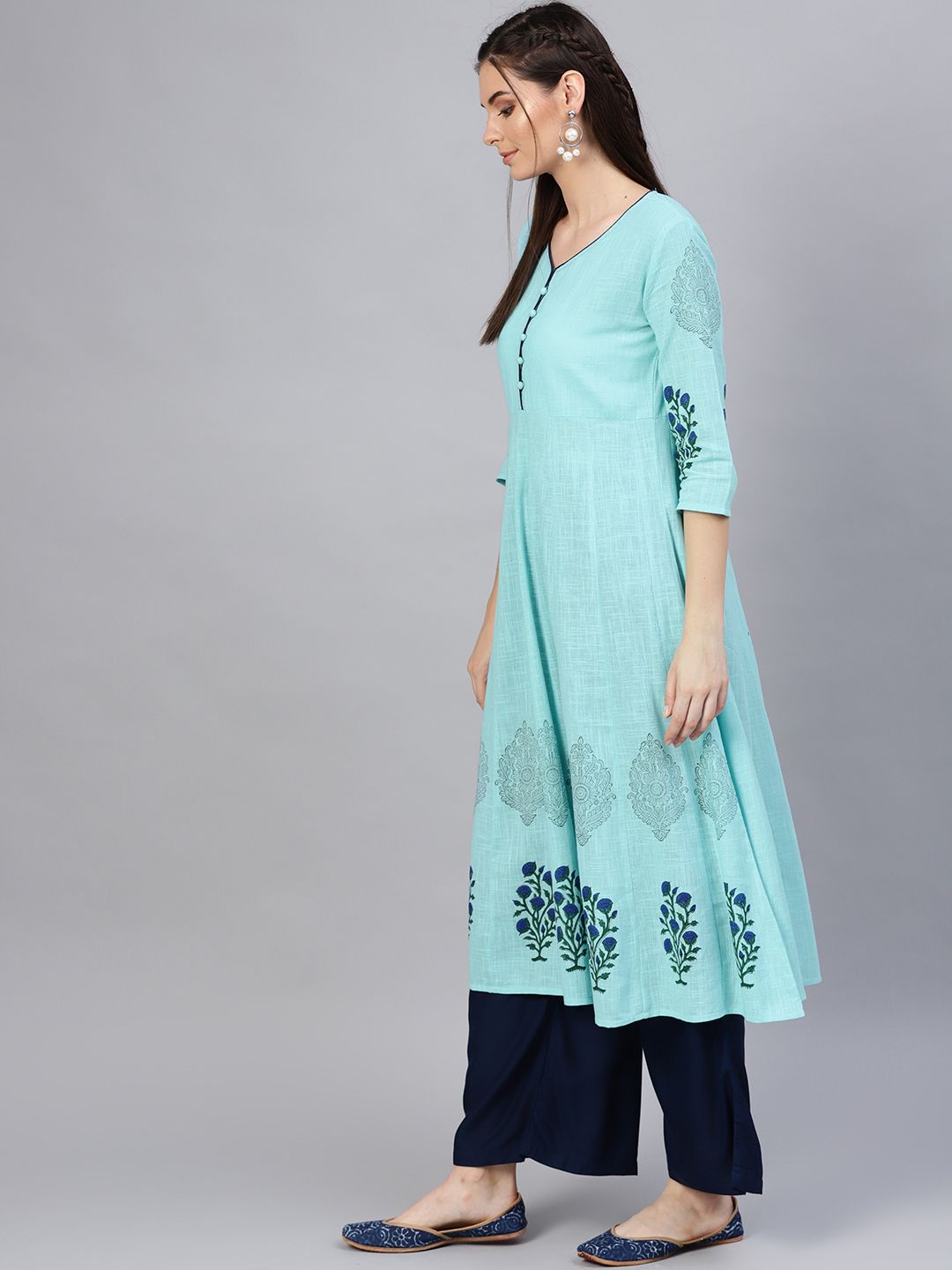 SOJANYA Women Blue Block Print Anarkali Kurta