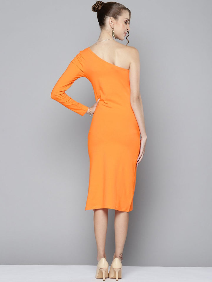 SASSAFRAS Women Orange Solid One Shoulder Sheath Midi Dress