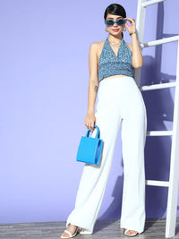 Berrylush Floral Print Halter Neck Crepe Crop Top