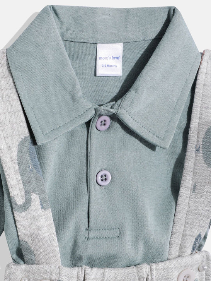 Moms Love Infant Boys Pure Cotton Printed Dungarees with Solid T-shirt