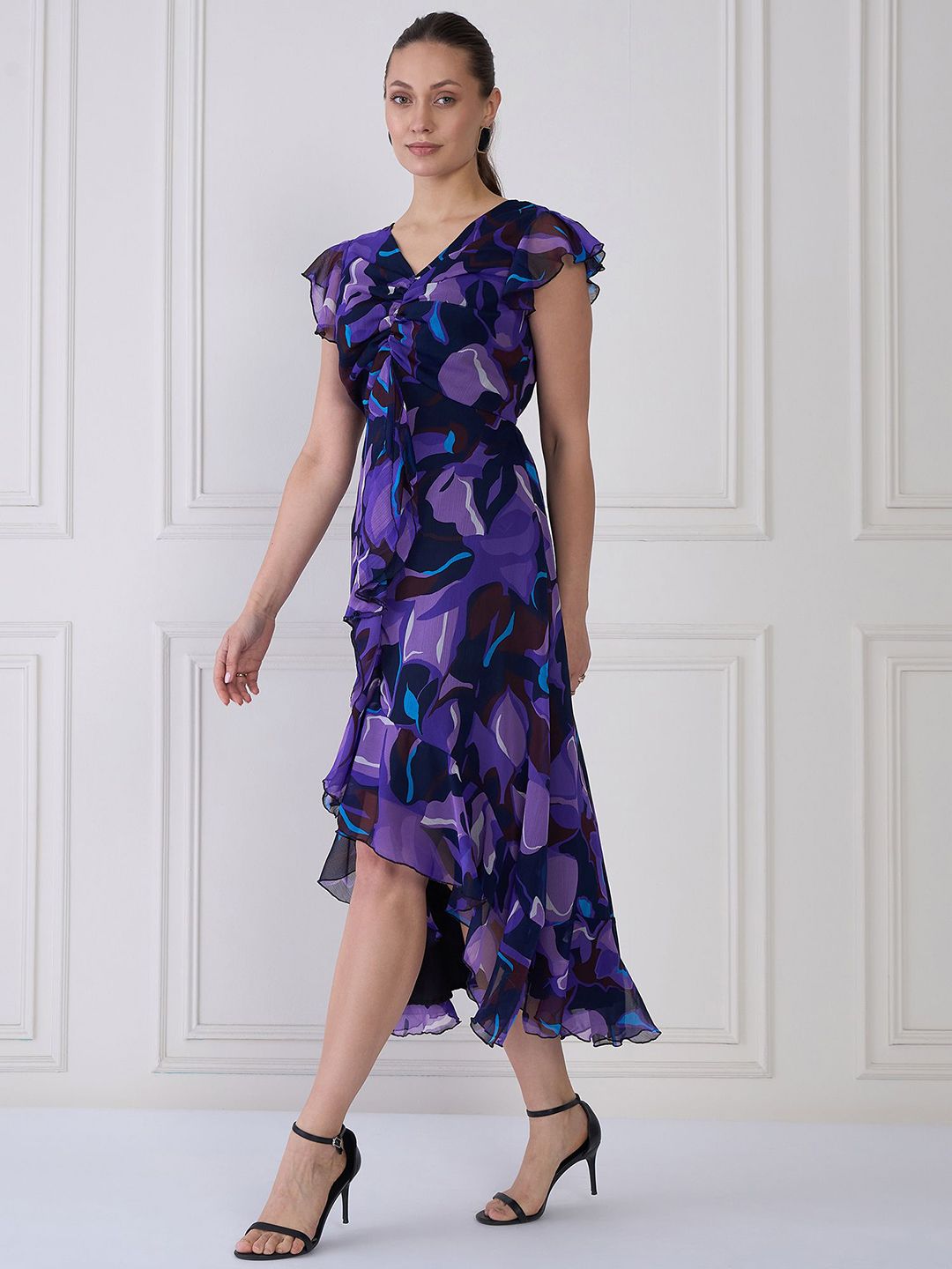 Antheaa Women Floral Print Flutter Sleeve Fit & Flare Midi Dress