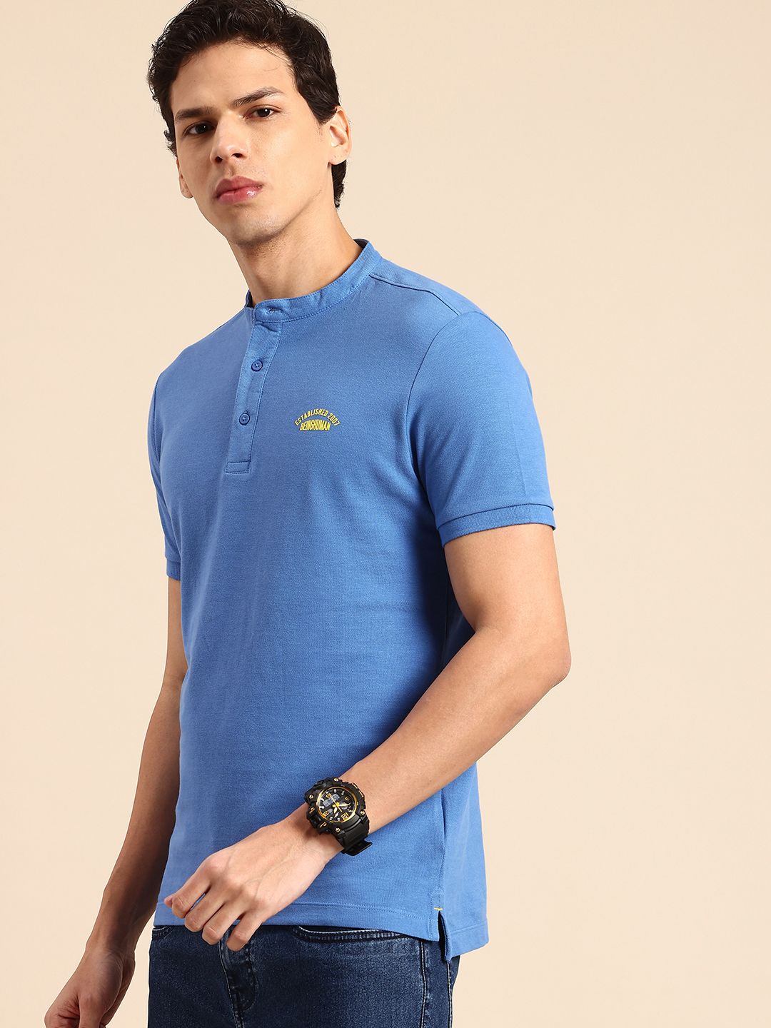 Being Human Henley Neck Pure Cotton T-shirt