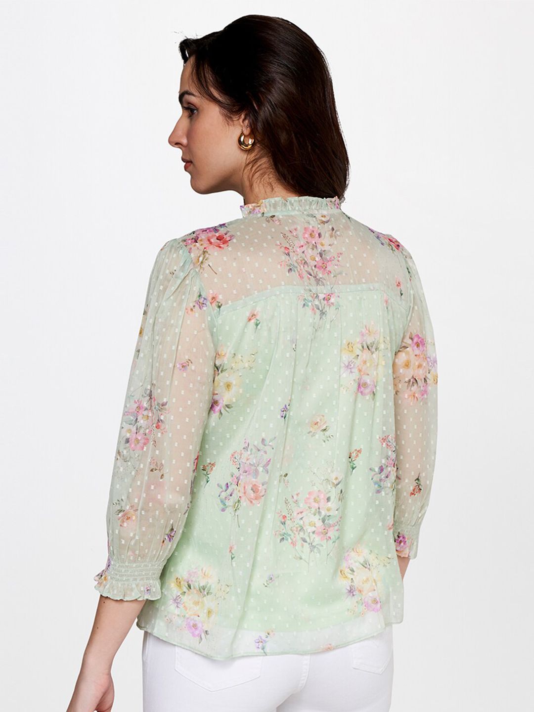 AND Floral Printed Tie-Up Neck Cuffed Sleeves Top