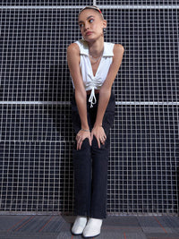 SASSAFRAS White Lace-Up Ribbed Ruched Shirt Style Crop Top