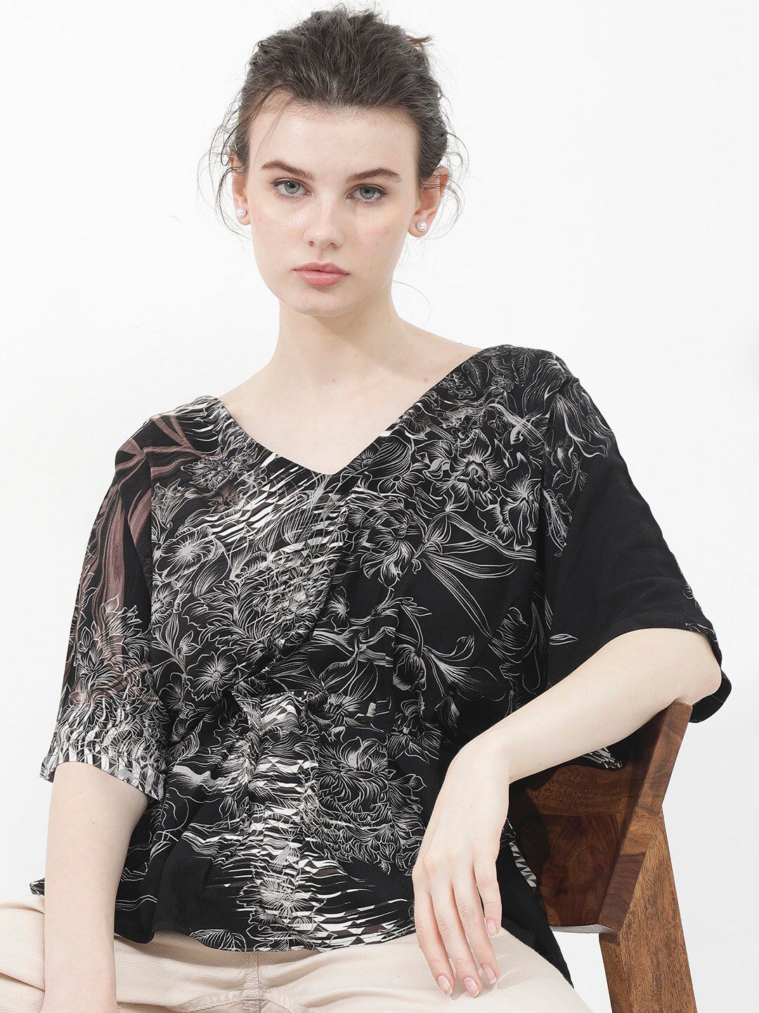RAREISM Printed Kimono Sleeve V-Neck Cinched Waist Top
