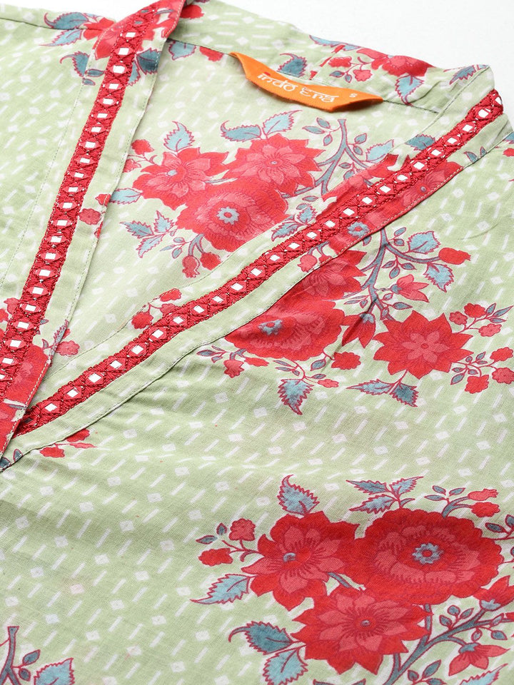 Indo Era Floral Printed Mirror Work Pure Cotton Kurta with Trousers