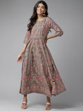 W Women Brown & Pink Ethnic Motifs Printed A-Line Maxi Dress