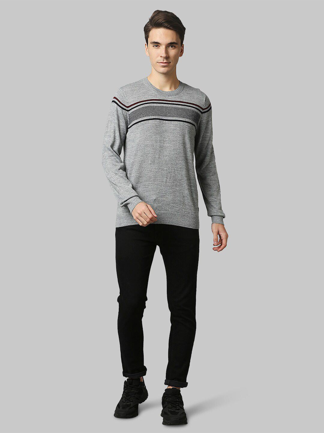 Raymond Men Grey & Black Striped Pullover