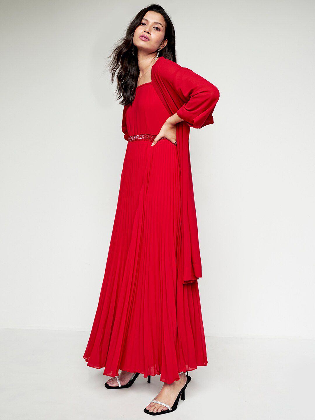 AND Sequined Shoulder Straps Fit & Flare Maxi Dress With Shrug