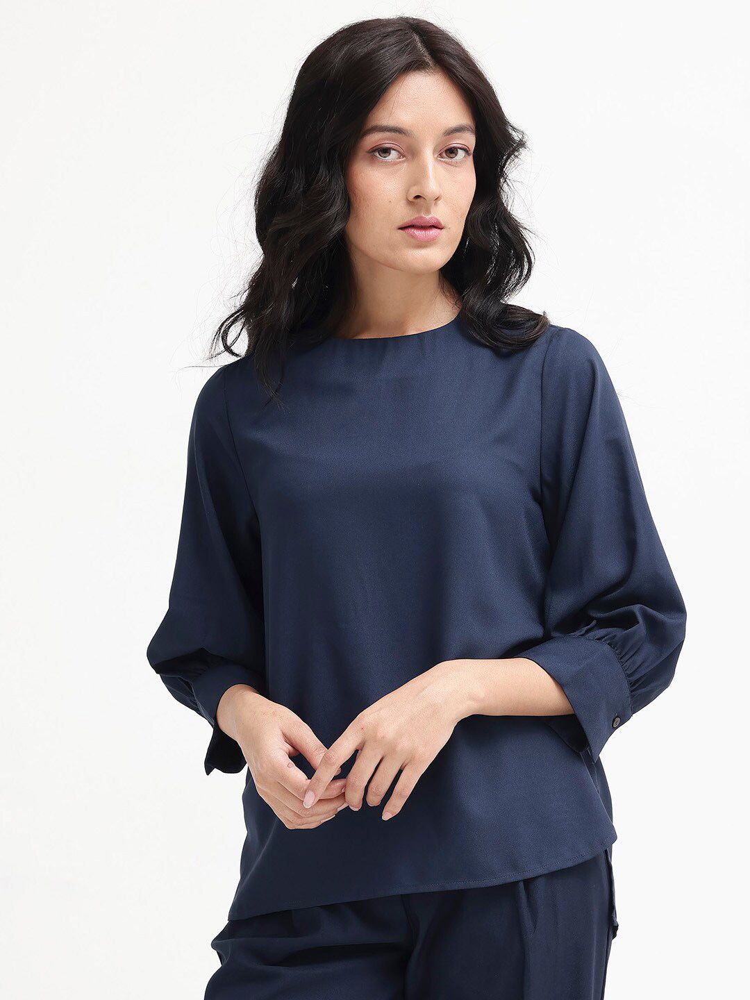 RAREISM Round Neck Cuffed Sleeves Styled Back Top