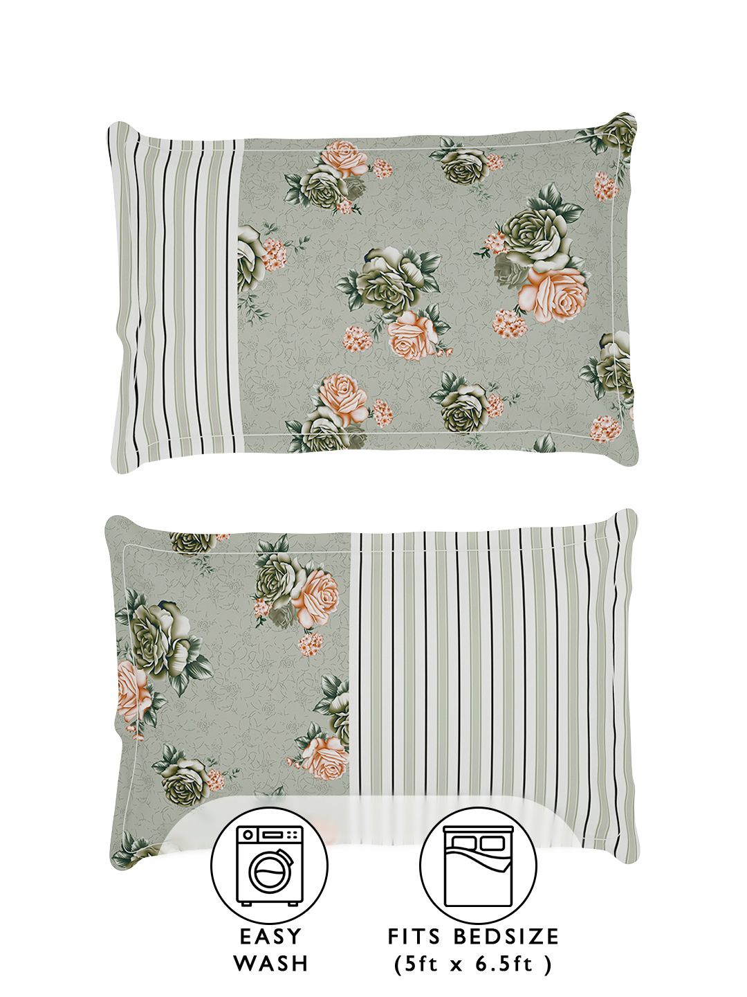 Story@home Arena Grey & Pink Floral Printed 180 TC Queen Bedsheet & 2 Pillow Covers