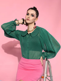 STREET 9 Women Green Sheer Dobby Printed Casual Shirt