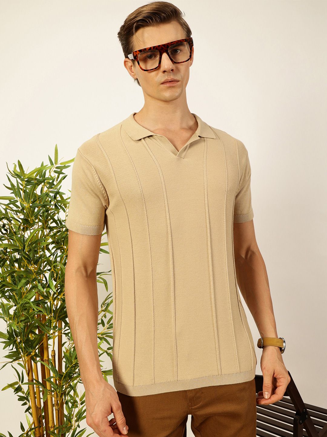 Thomas Scott Men Knit Striped Polo Collar T-shirt