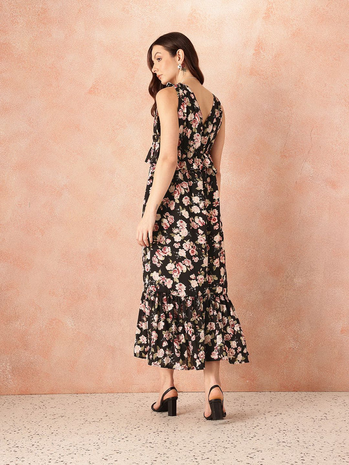 all about you Tropical Print Ruffled & Bow Detail Georgette Maxi Empire Dress