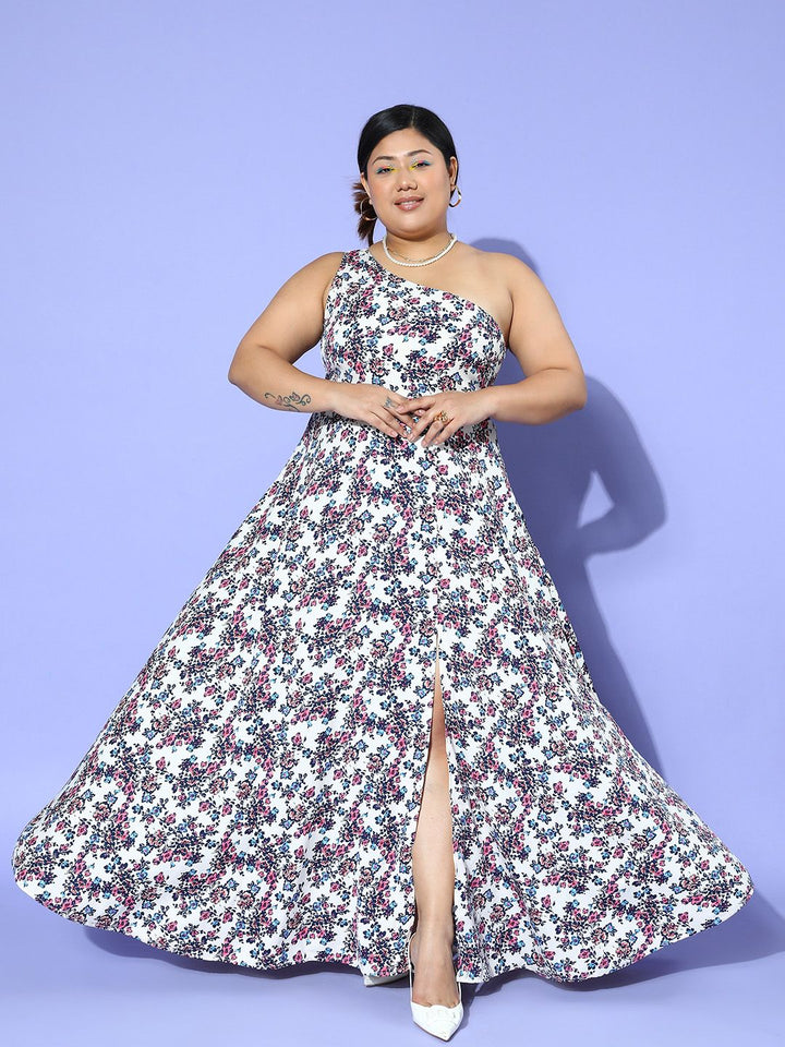 Berrylush Curve Floral Print One Shoulder Crepe Maxi Dress