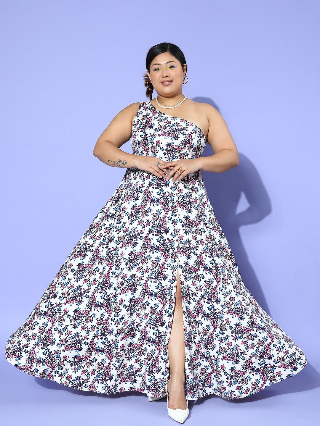 Berrylush Curve Floral Print One Shoulder Crepe Maxi Dress