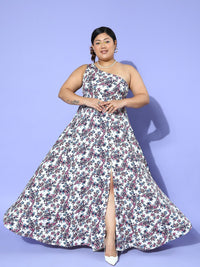 Berrylush Curve Floral Print One Shoulder Crepe Maxi Dress