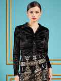 SASSAFRAS Spread Collar Slim Fit Textured Velvet Ruched Party Shirt