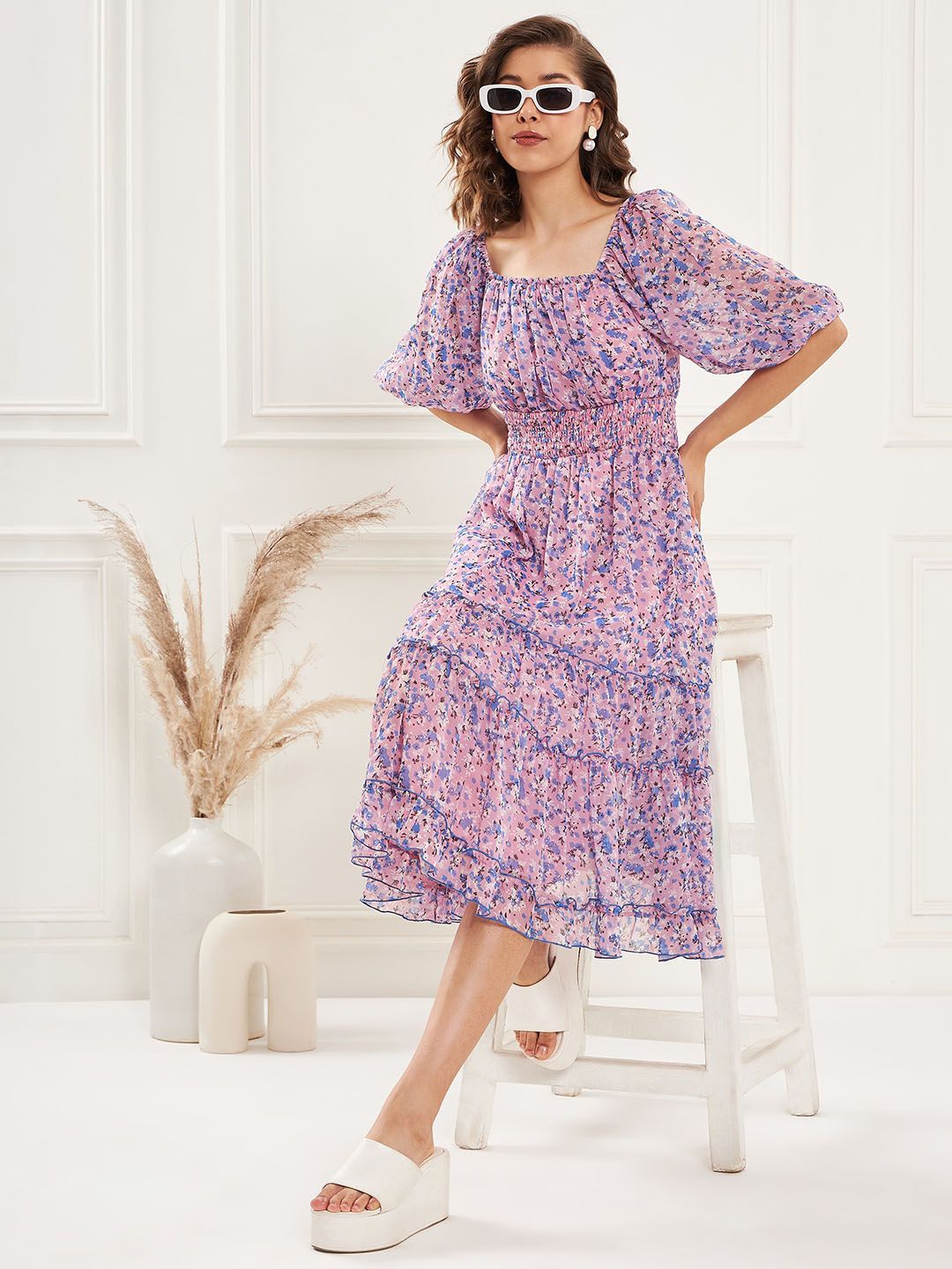 Antheaa Square Neck Floral Printed Tiered Chiffon Fit & Flare Midi Dress