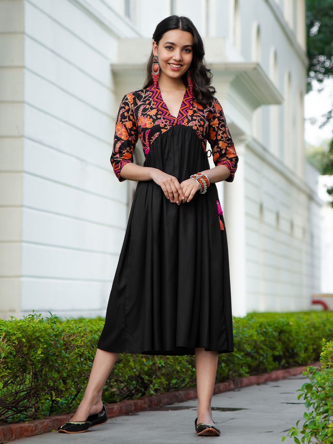 Rustorange Black Ethnic Motifs A-Line Gathered Midi Dress