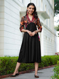 Rustorange Black Ethnic Motifs A-Line Gathered Midi Dress