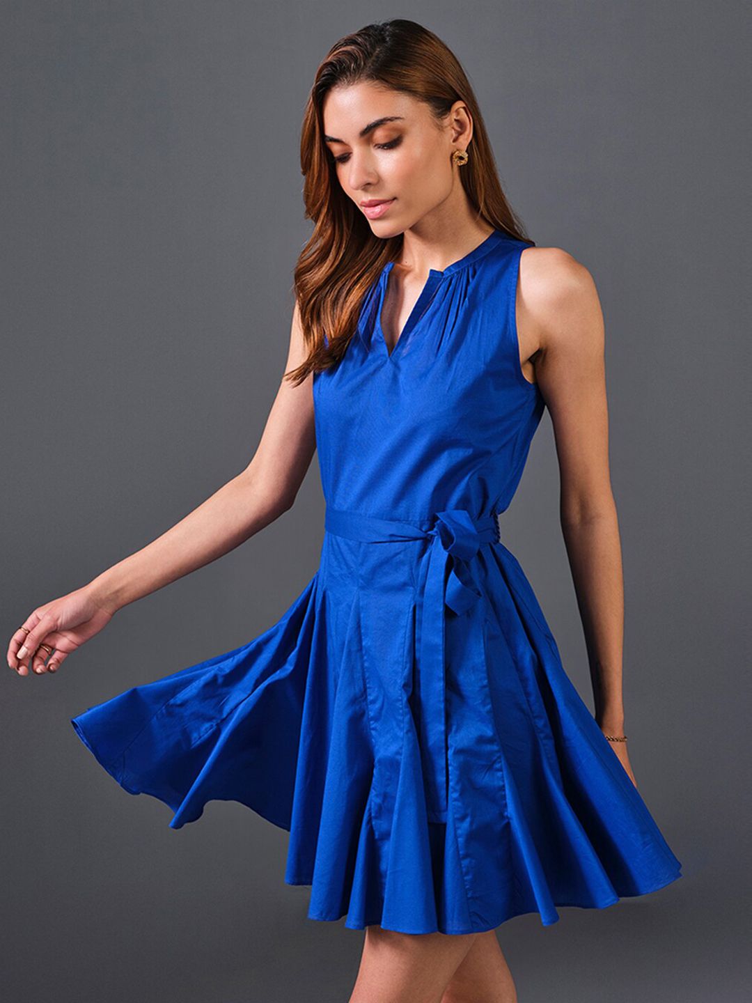 AND Notched Neck Cotton Fit & Flare Dress