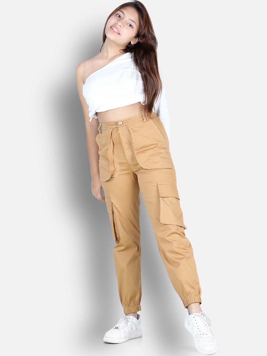 Cutiekins Girls Camel Brown High-Rise Cargos Trouser