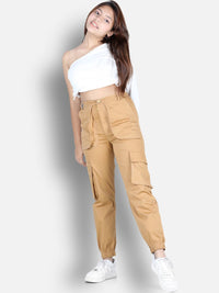 Cutiekins Girls Camel Brown High-Rise Cargos Trouser