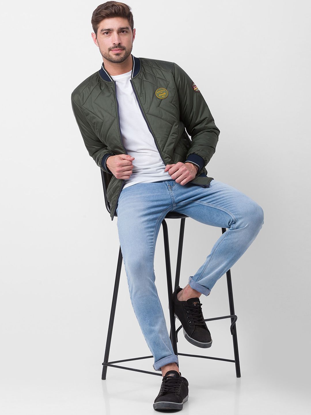 SPYKAR Men Blue Striped Bomber with Patchwork Jacket