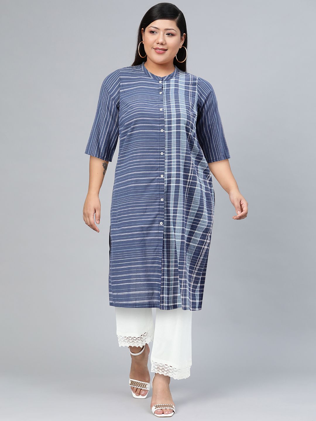 AURELIA Women Blue Printed Mandarin collar Kurta